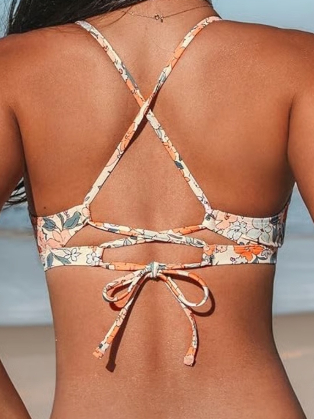 Cupshe Floral Tie-Back Bikini Top in Peach and Cream
